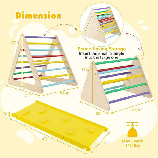 3 Piece Toddler Triangle Set Montessori with 2 Climbing Triangles and 1 Ramp-Colorful-3