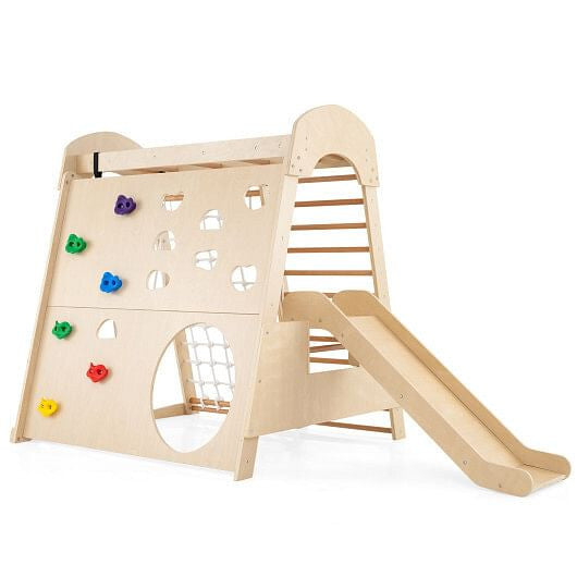 8-in-1 Indoor Jungle Gym Wooden Playground with Swing and Climbing Wall-Natural-0