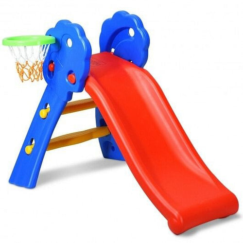 2 Step Indoors Kids Plastic Folding Slide with Basketball Hoop-0