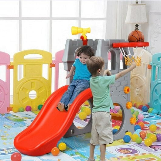 5 in 1 Toddler Climber Slide Playset with Basketball Hoop and Telescope-4