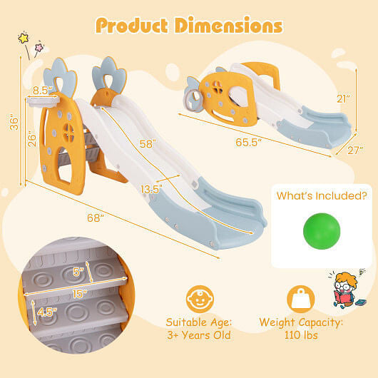Foldable Slide with Basketball Hoop and Buffer Zone for Kids Aged 3+ Years Old-2